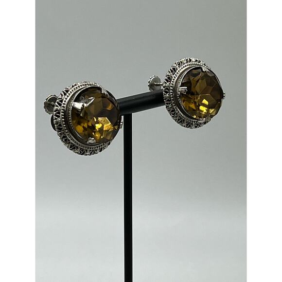 Accessocraft NYC Signed Vintage Prong Rhinestone Topaz Brown Screw Back Earrings - Picture 3 of 8
